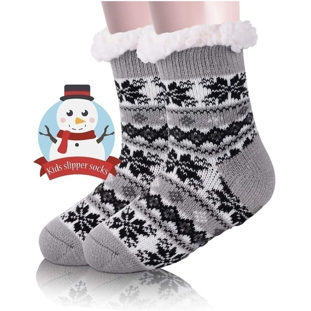 Redstar Unisex Kids Slipper Socks Gray Black White Fair Isle Grippies Fuzzy